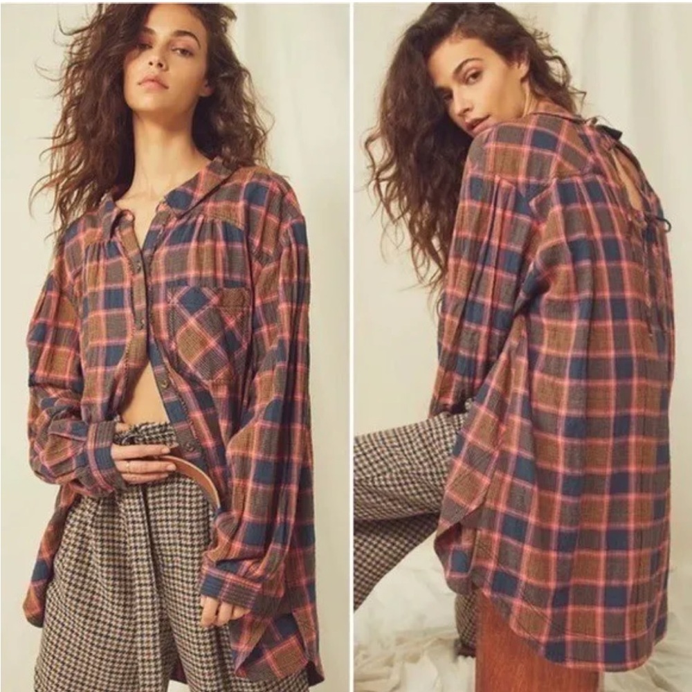 Free People || Wild Side Oversized Plaid Flannel Tie Back Tunic